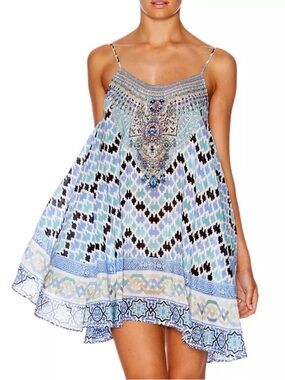 CAMILLA Silk Shoestring Strap Mini Dress in Majolica Print